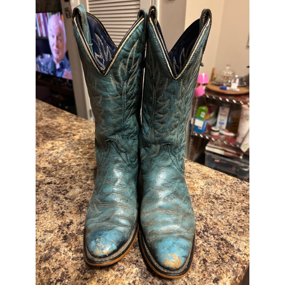 Wrangler Vintage Turquoise Blue Leather Western Cowboy Boots Womens Pointed Toe - Picture 2 of 11